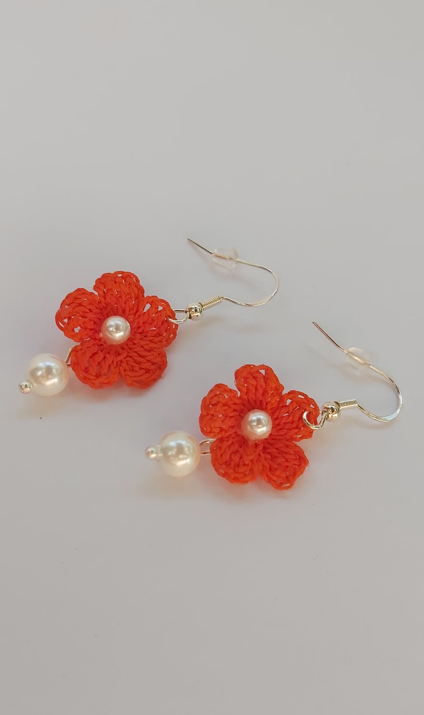 "Sunrise Glow” Bright Orange Crochet Earrings with Natural Pearls