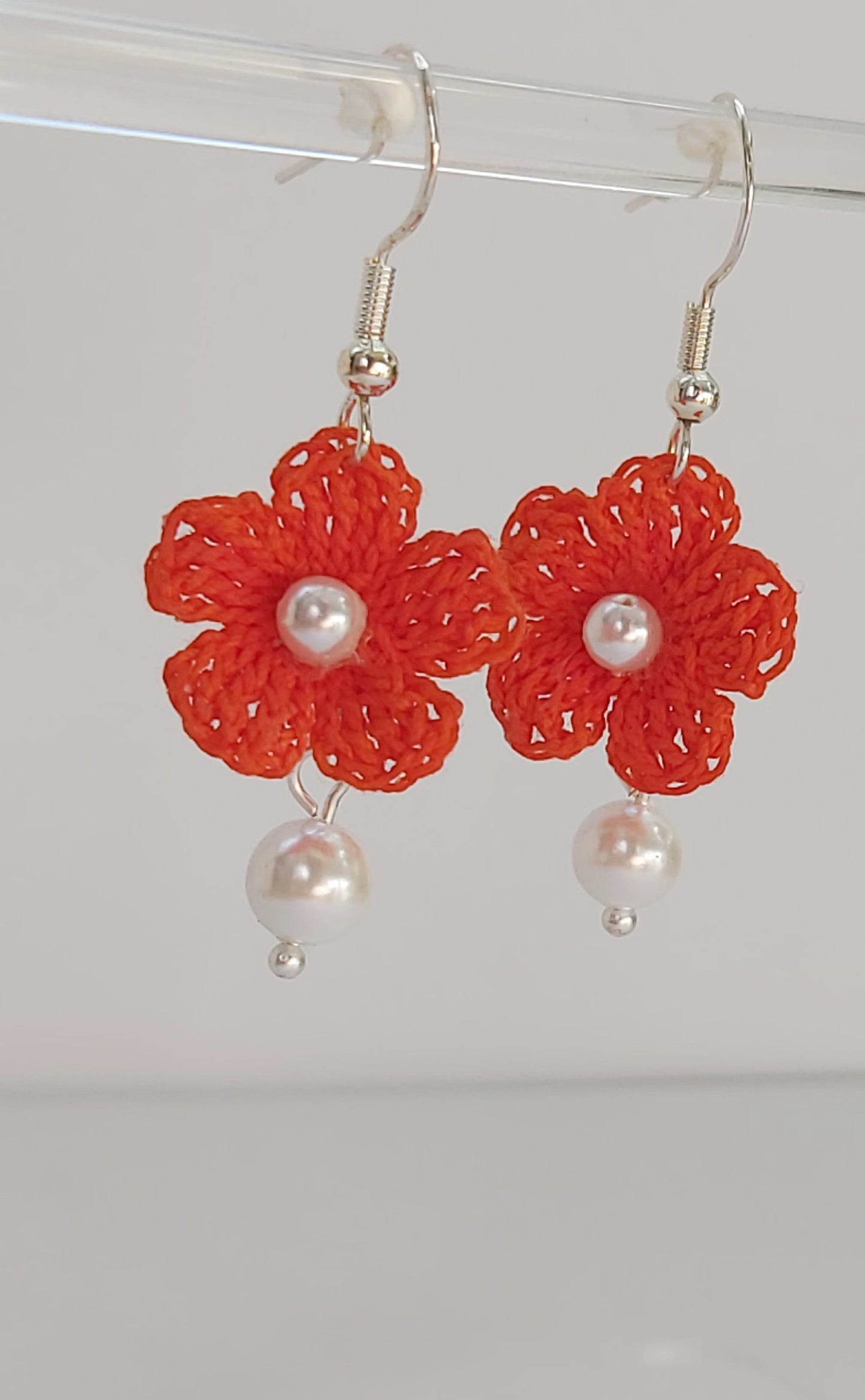 "Sunrise Glow” Bright Orange Crochet Earrings with Natural Pearls
