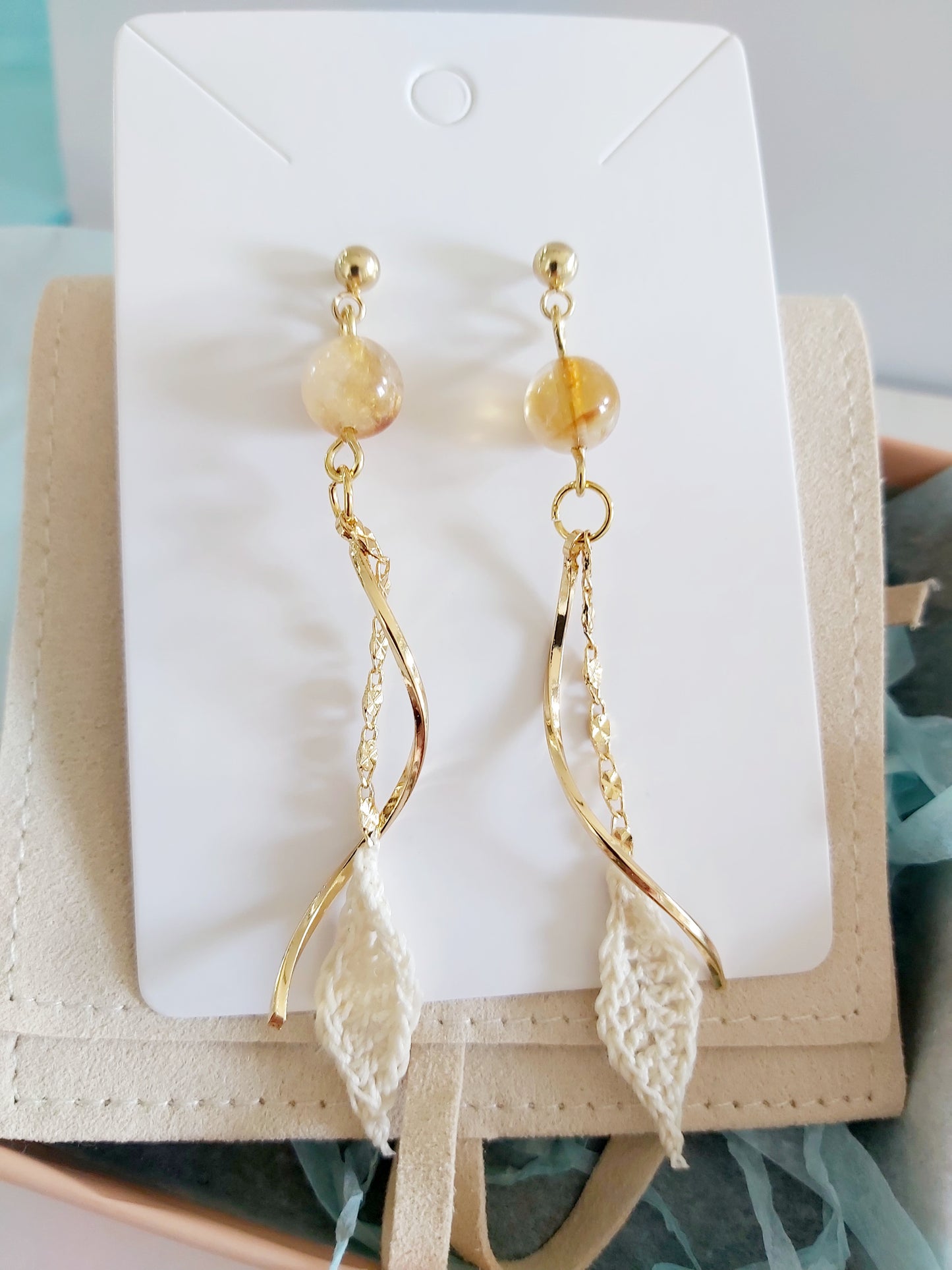 “Golden Leaflight” Earrings – Crochet Leaves with Natural Citrine