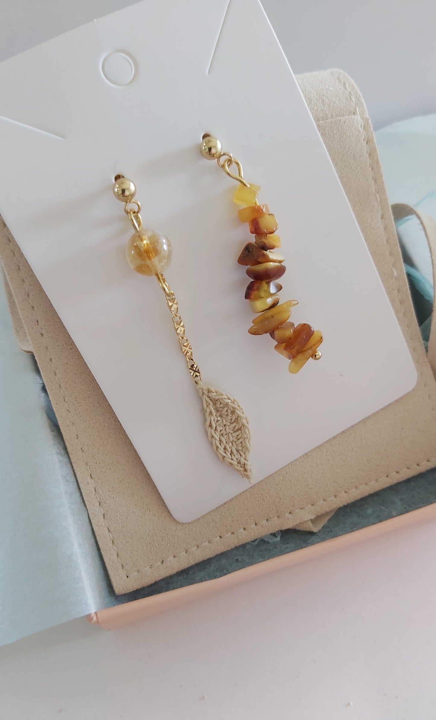 “Amber Moonlight” Asymmetric Earrings – Crochet Leaf with Citrine & Raw Amber