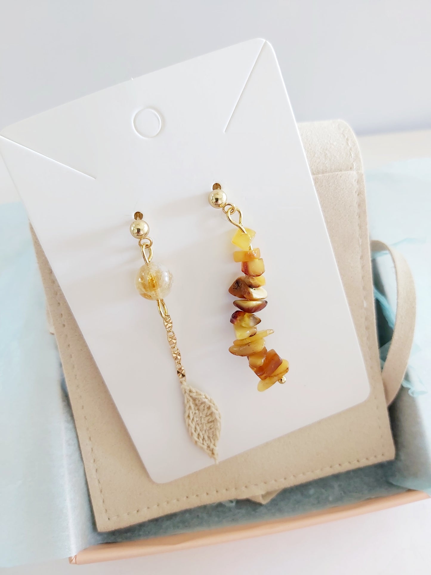 “Amber Moonlight” Asymmetric Earrings – Crochet Leaf with Citrine & Raw Amber