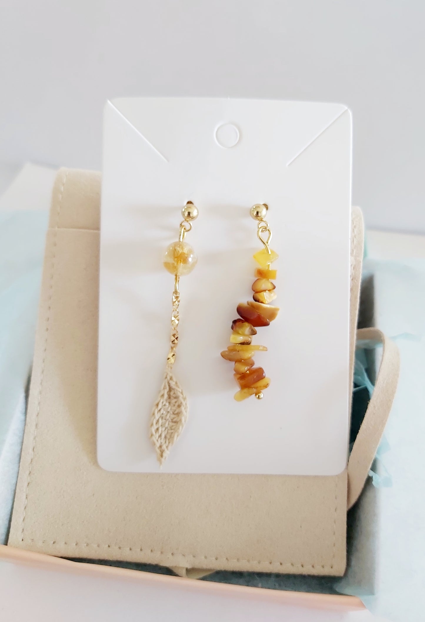 “Amber Moonlight” Asymmetric Earrings – Crochet Leaf with Citrine & Raw Amber