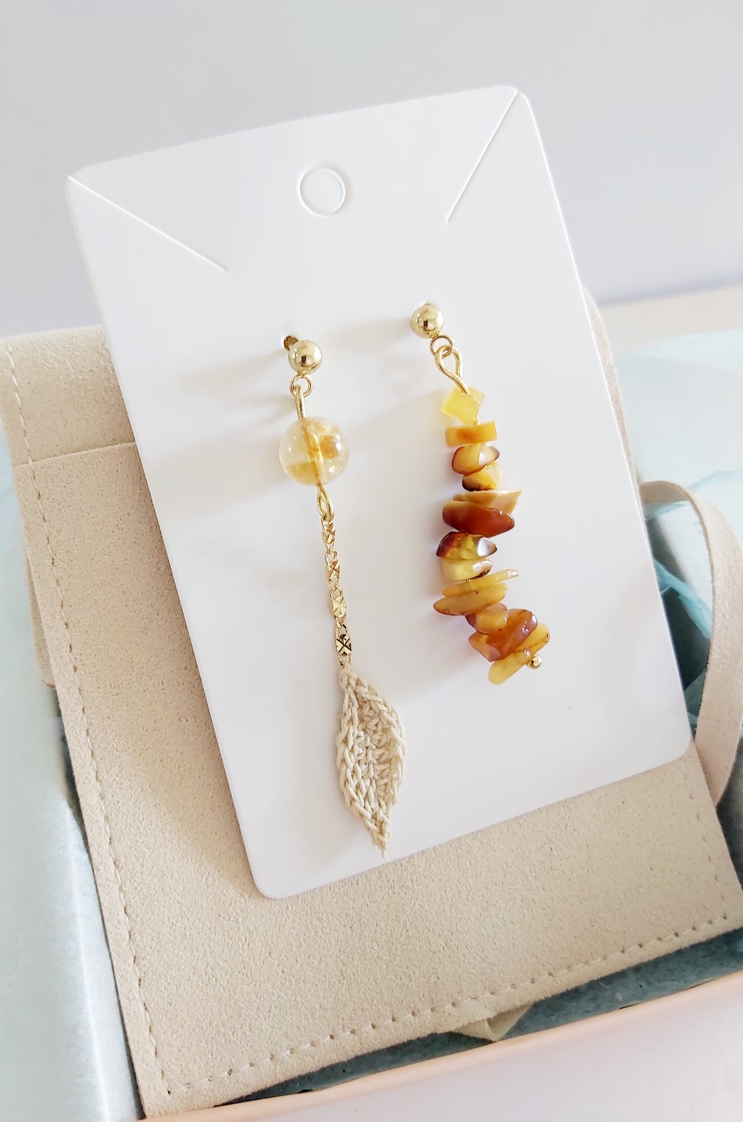 “Amber Moonlight” Asymmetric Earrings – Crochet Leaf with Citrine & Raw Amber