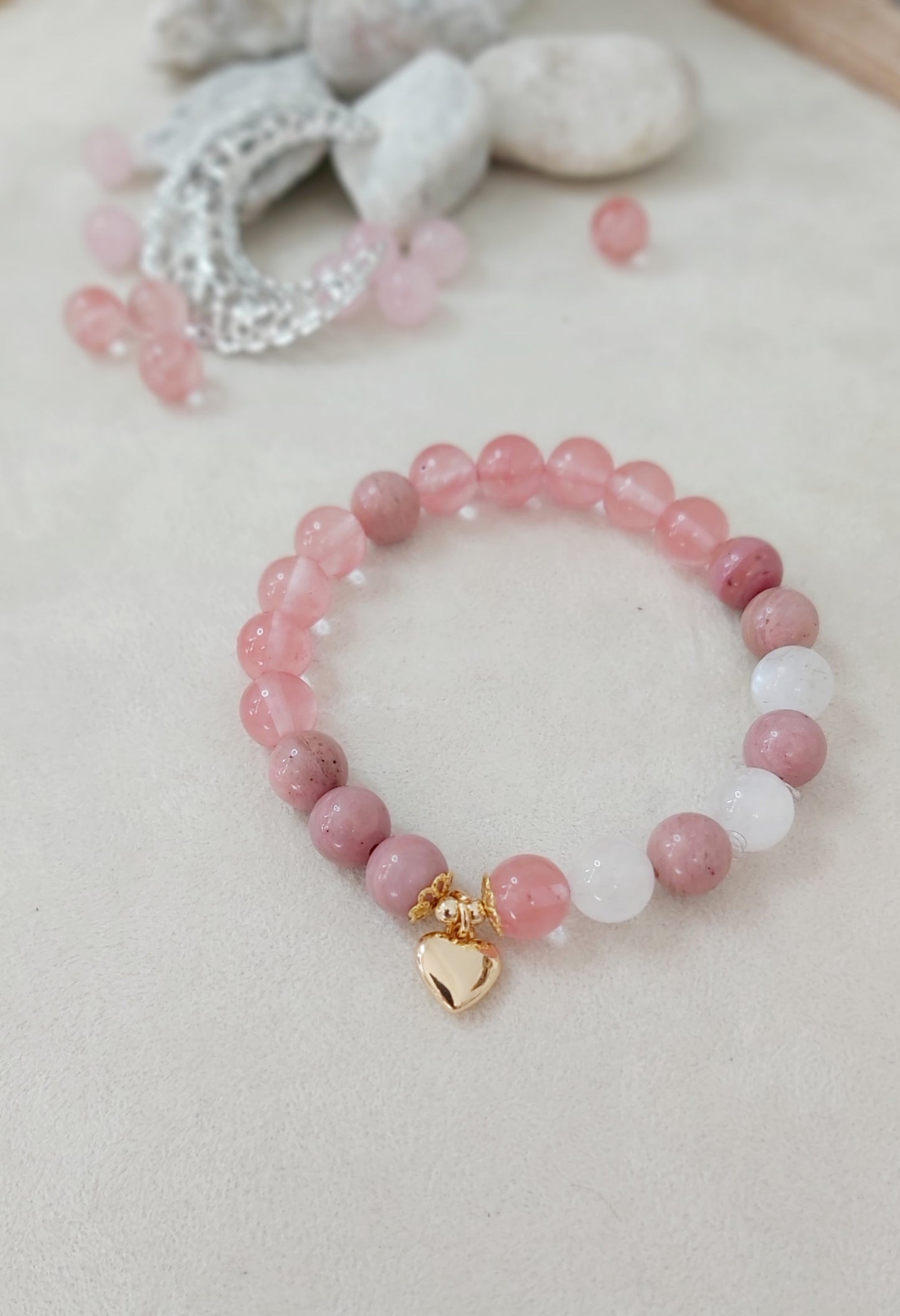 Lunar Love Bracelet – Cherry Quartz, Rhodonite & Moonstone | Love & Harmony Healing Jewelry