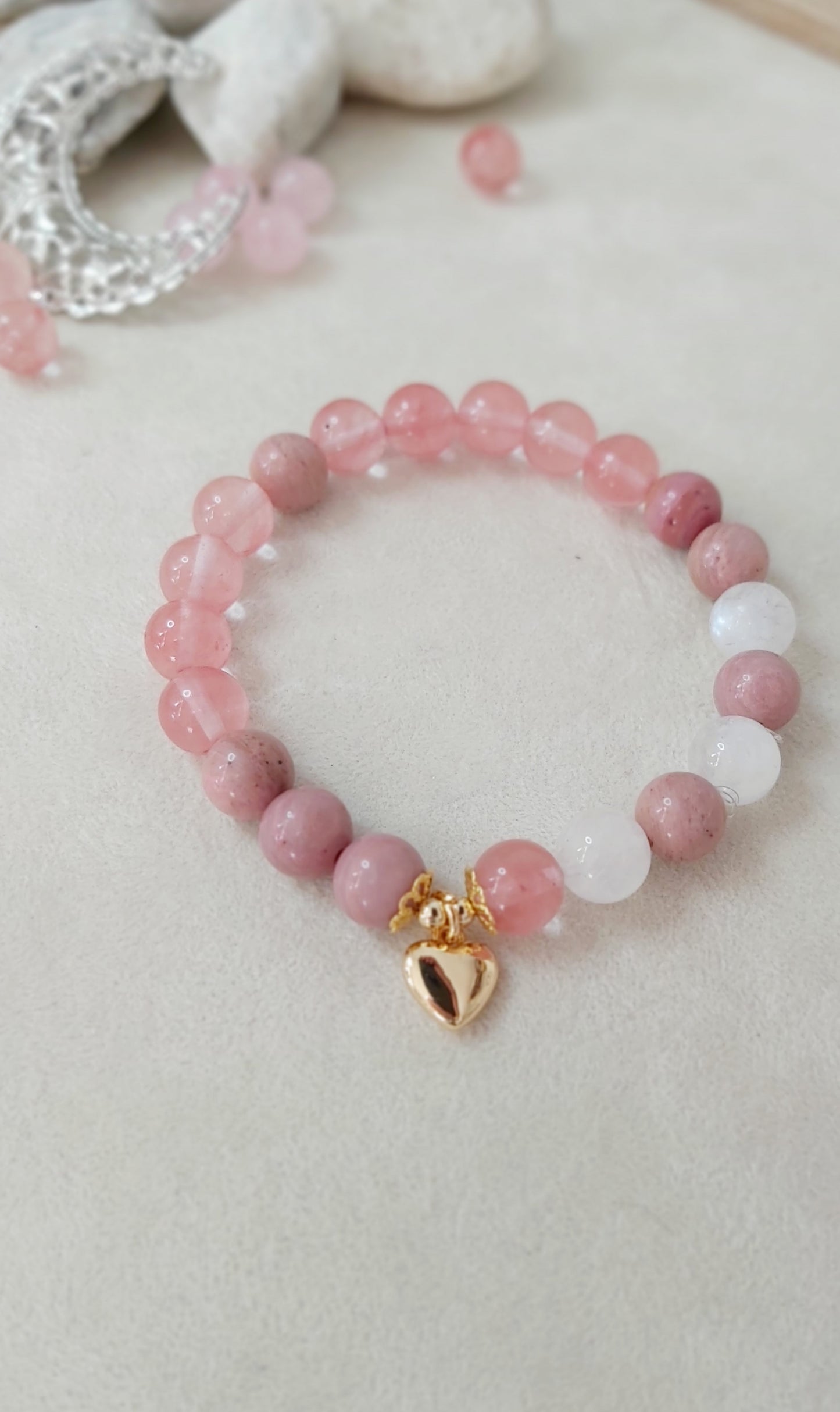Lunar Love Bracelet – Cherry Quartz, Rhodonite & Moonstone | Love & Harmony Healing Jewelry